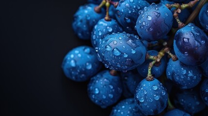 Fresh blue grapes with droplets on a sleek dark surface.