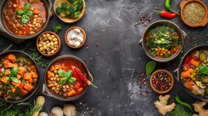 top view Wide variety of dishes on black table, with empty space for text 