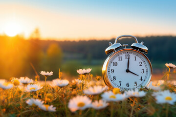 Spring forward. Time change in spring. Daylight saving time. Alarm clock on beautiful nature background with green grass and white flowers meadow. Clock turn forward one hour in spring