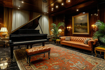 Black concert grand piano in a beautiful and elegant decorated salon ready for an exhibition
