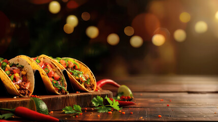 Tacos on the table mexican foos restaurant copy space banner mockup - obrazy, fototapety, plakaty