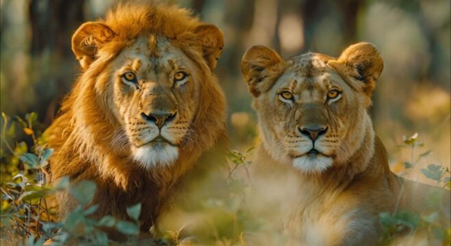 pair of lions in the forest footage