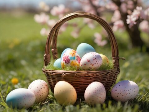 eaaster egg in busket and green grass field and beautiful tree, AI generate
