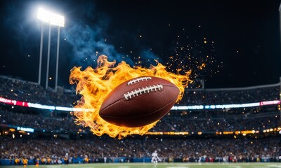 American football, Freeze frame of a flying ball with rain and fire effect, electric sphere, lightning, plasma ball, stadium background, creative sports banner