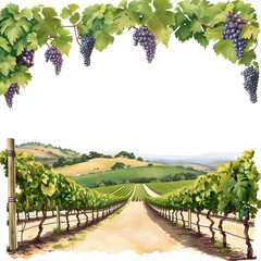 A picturesque vineyard with rows of grapevines, a tasting room, and a scenic view of the rolling hills isolated on white background, text area, png
