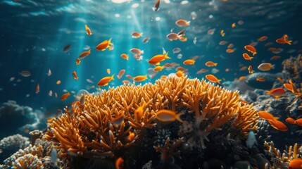 Fototapeta na wymiar Sun rays penetrate ocean over vibrant coral reef