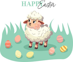 Happy Easter holiday vector poster with eggs and white sheep. Greeting card with cute cartoon lamb, eggs on green meadow with grass blades and flowers, Easter postcard, cartoon flat style