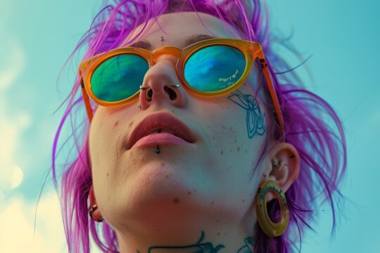 A striking image showcasing a colorful punk hairstyle and ear piercings against a dreamy sky background.