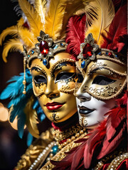 Venice masquerade carnival with golden masks, feathers, and festive atmosphere.