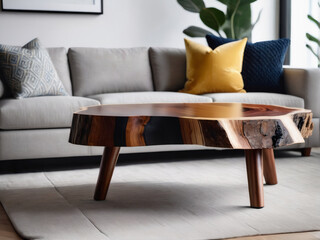 Close-up of a live-edge wooden coffee table against a blurred sofa backdrop in a modern living space, embodying luxury furniture design and a natural lifestyle aesthetic.