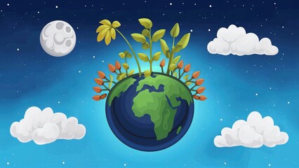 Naklejka premium 2d vector cartoon illustration colorful earth logo , painting style , cloud