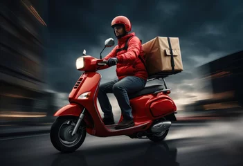 Schilderijen op glas A food delivery man with an thermal delivery backpack on his back, riding a red motorcycle on his way to a customer's house, fast and efficient delivery service.copy space  © YamunaART