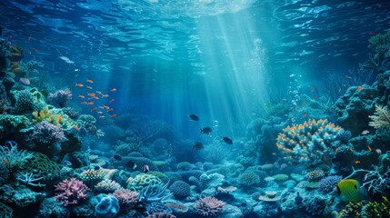 Fototapeta na wymiar Dark blue teal underwater ocean scene with coral and fish