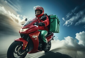 A food delivery man with an thermal delivery backpack on his back, riding a red motorcycle on his...