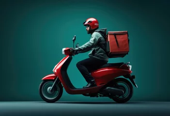 Tuinposter A food delivery man with an thermal delivery backpack on his back, riding a red motorcycle on his way to a customer's house, fast and efficient delivery service.copy space  © YamunaART