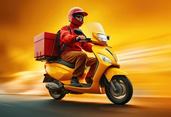 Fototapeten A food delivery man with an thermal delivery backpack on his back, riding a red motorcycle on his way to a customer's house, fast and efficient delivery service.copy space  © YamunaART