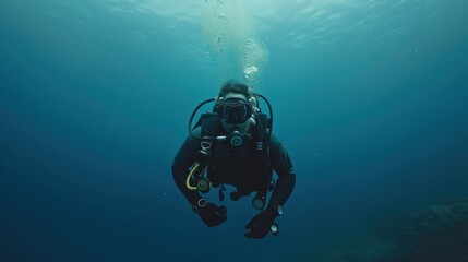 Serene diver in deep waters surrounded by a trail of bubbles