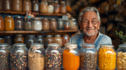 Portrait of a happy senior merchant standing with spice jar in store.
