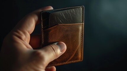 Elegant wallet held in a hand against a dark backdrop