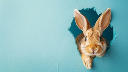Easter bunny poster peeking out of a hole in the wall with copy space.