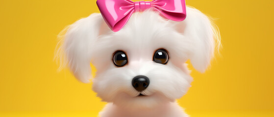 A pop art-inspired 3D render of a fluffy white poodle puppy with a bright pink bow on its head winking at the viewer - obrazy, fototapety, plakaty