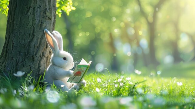 Easter bunny reading a book under a tree.