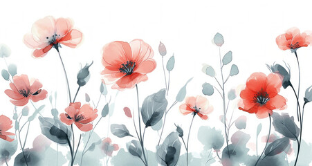 Fototapeta na wymiar Vibrant watercolor painting of red poppies and green leaves on a white background with delicate details