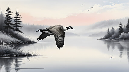 Ducks and seagulls gracefully flying over the serene lake - obrazy, fototapety, plakaty