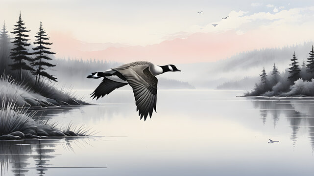 Ducks and seagulls gracefully flying over the serene lake