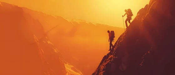 Photo sur Plexiglas Brique Help and assistance concept. Silhouettes of two people climbing on mountain thanks to mutual assistance and teamwork and partnership. business success and teamwork concept in company