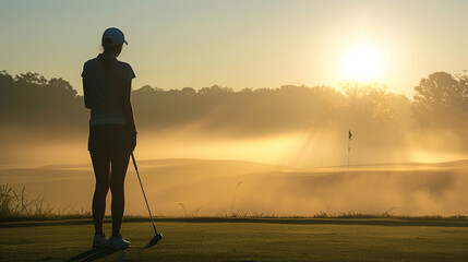 Silhouetted golfer standing with club on a misty golf course at sunrise, contemplating a serene, foggy landscape..