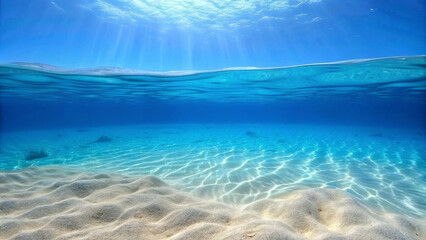 Seabed sand with blue tropical ocean above, empty underwater world , ONLY SAND