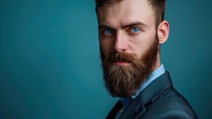 Fototapeta premium Adult Caucasian man portrait, for business profile, blue background.