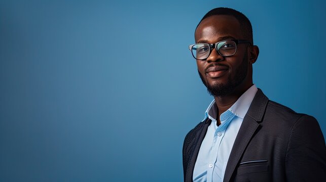  Afro Black man portrait, for business profile, blue background.