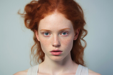 Naklejka premium Portrait of a serene redhead with freckles and striking blue eyes, against a pale blue background.