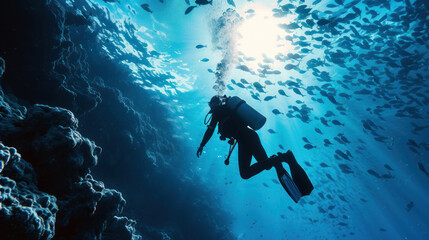 Silhouette of a diver exploring underwater canyon with light rays