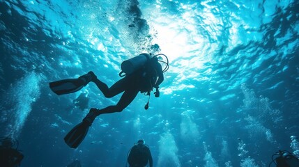 Diver surrounded by a school of fish in a sunlit underwater scene