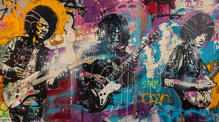Graffiti tribute to musical legends, blending portraits and iconic lyrics in a colorful composition.