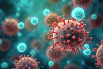 Fototapeta na wymiar 3d rendered illustration of a virus, 3d render of virus in abstract background. Witness the immune system's fight against pathogens, Virus cells close up, Ai Generated