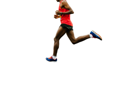 african runners running marathon race, dressed in bright sports clothes, isolated on white background