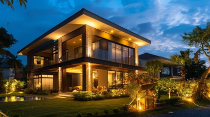 Luxurious modern house exterior house illuminated by elegant lighting