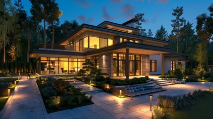 Luxurious modern house exterior house illuminated by elegant lighting - obrazy, fototapety, plakaty