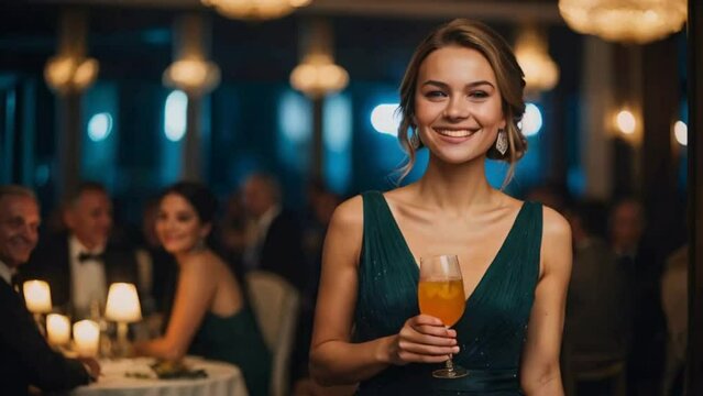 Beautiful woman wearing an elegant dress at an event with a drink in hand smiling as she looks at the camera