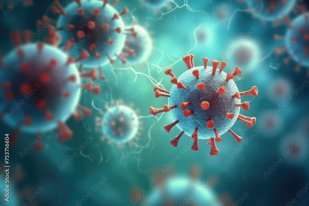 Poster close up banner of floating virus cells, bacteria, microbes on blurred background with copy space, 3