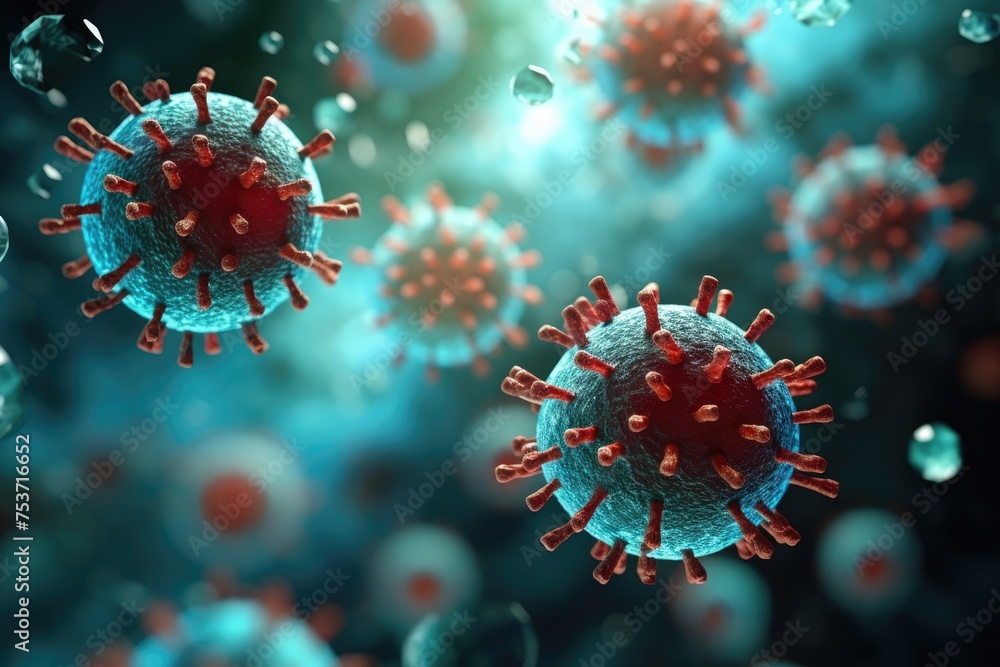 Poster close up banner of floating virus cells, bacteria, microbes on blurred background with copy space, 3