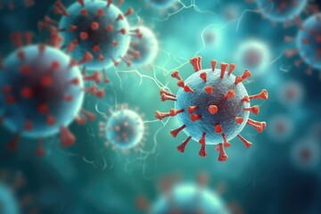 Close up banner of floating virus cells, bacteria, microbes on blurred background with copy space, 3d render of virus in abstract background, Ai Generated