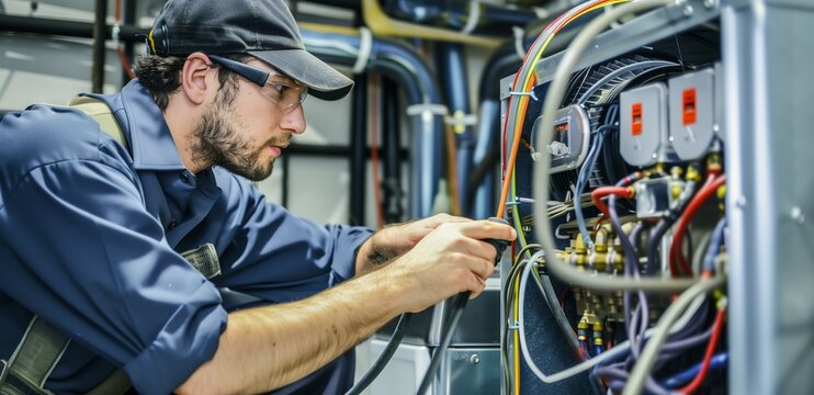 Man electrician. Worker near electrical panel. Energy company employee man. Electrician is holding tablet. Guy is electrician in work overall. Electrical panel control via app concept