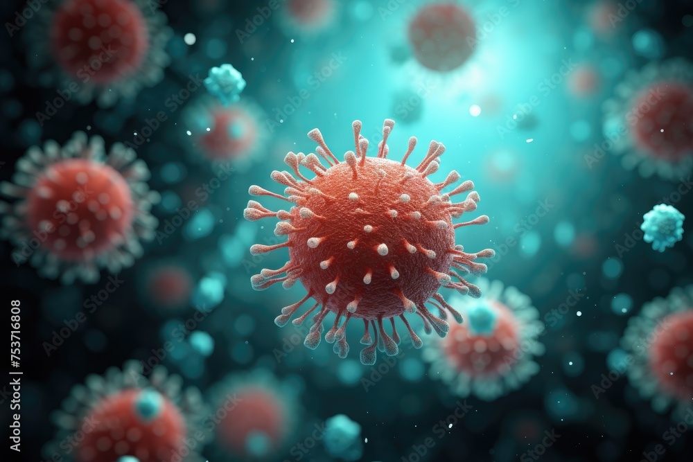 Poster close up banner of floating virus cells, bacteria, microbes on blurred background with copy space, 3