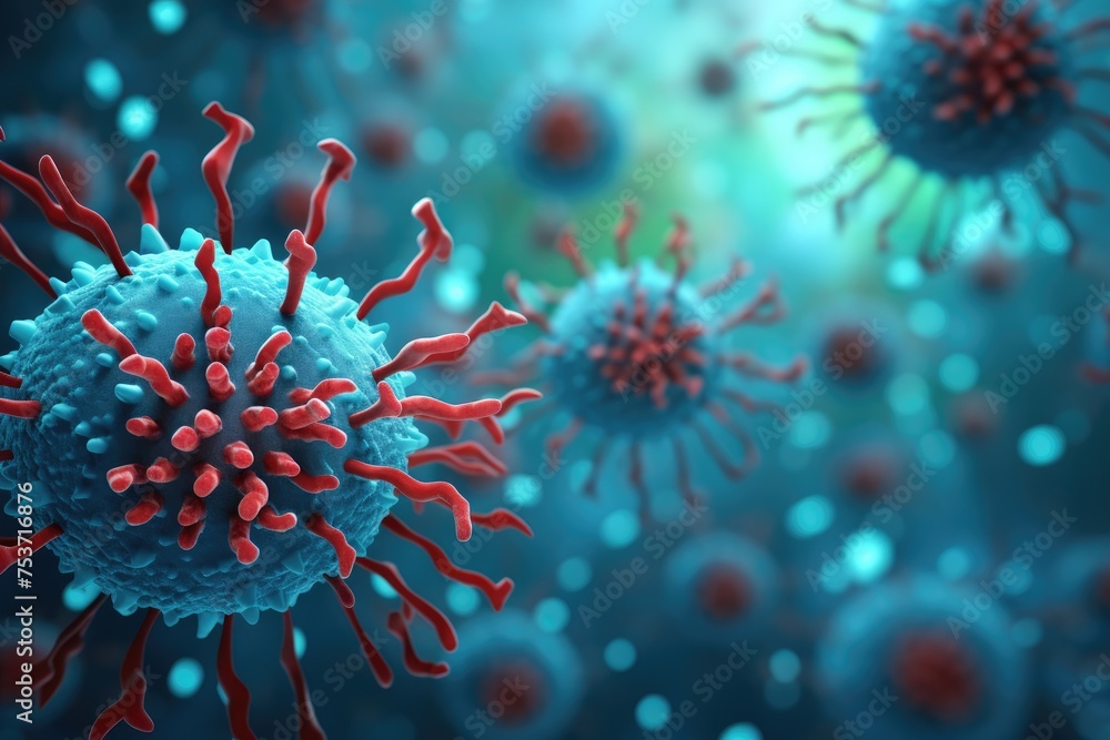Poster close up banner of floating virus cells, bacteria, microbes on blurred background with copy space, 3