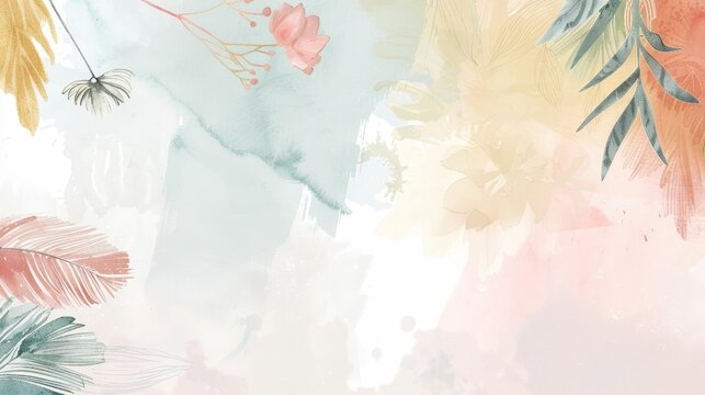 Watercolor background notebook page, flowers, feathers